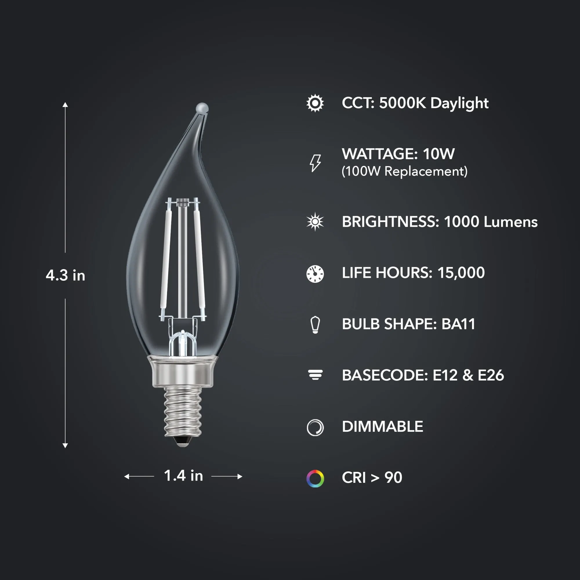 10W (100W Replacement) Daylight (5000K) E12/E26 Base BA10 Dimmable Flame Tip White Filament LED Bulb (3-Pack)