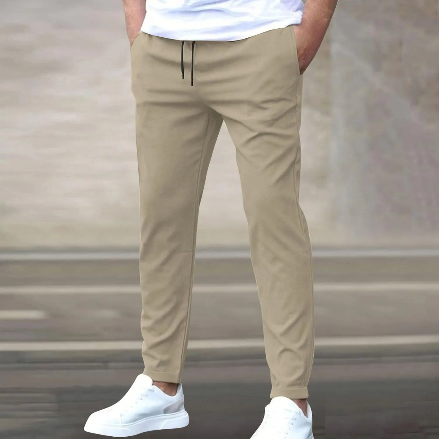 2025 Men's Casual Slim Fit Pants Solid Color Drawstring Pants