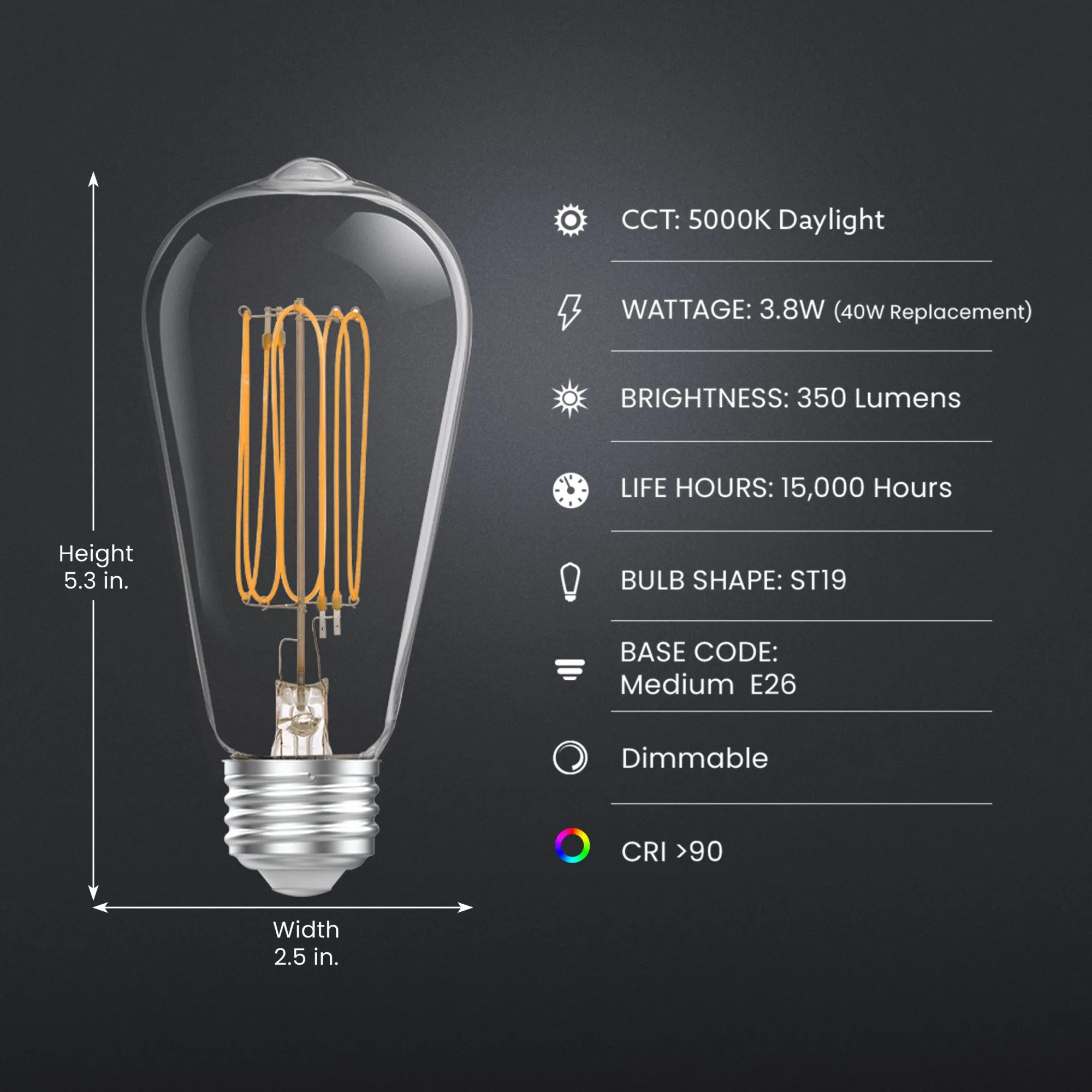 3.8W (40W Equivalent) ST19 E26 Dimmable Exposed Thin Filament Clear Glass Vintage Edison LED Light Bulb, Daylight (2-Pack)