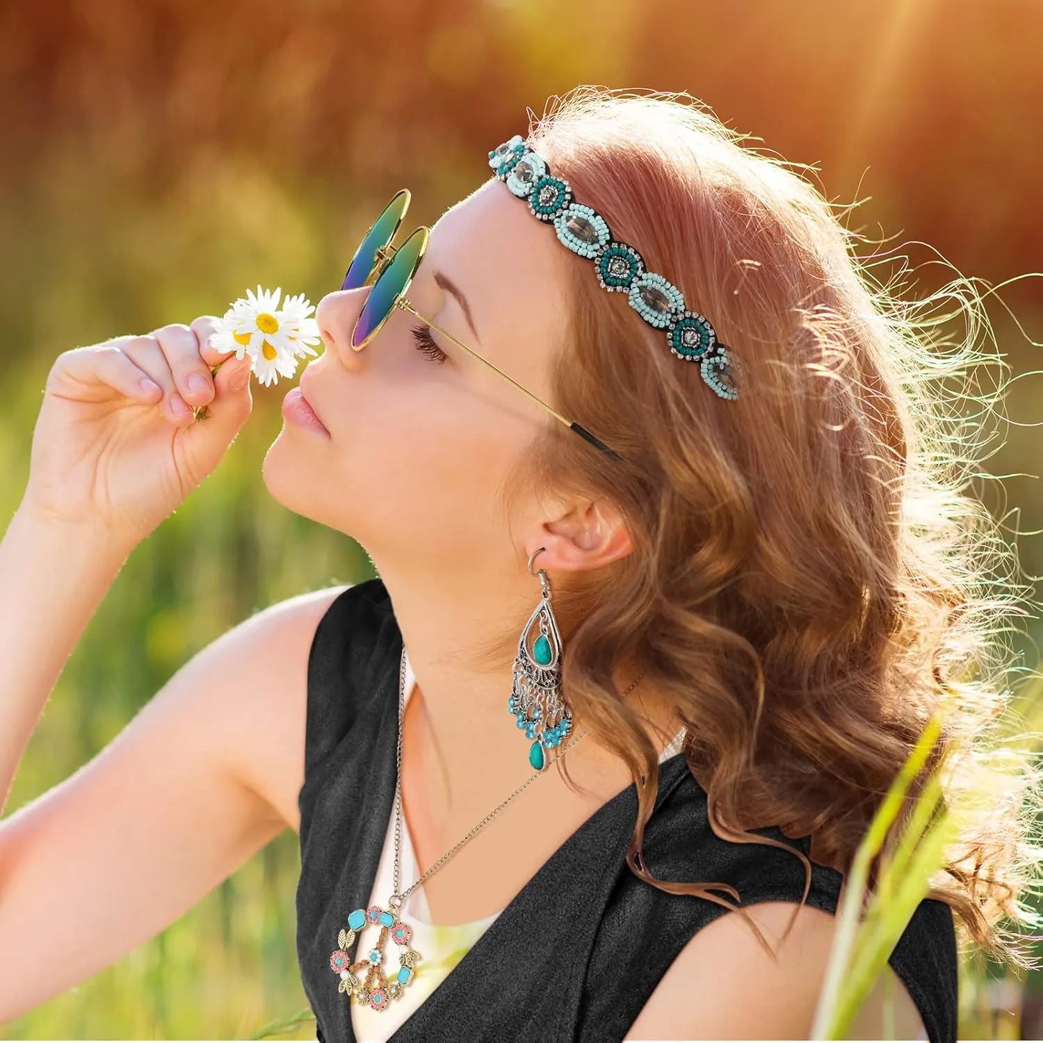 6 Pcs 60s 70s Outfits for Women Hippie Costume Accessories Fringe Vest Sunglasses Necklaces Earring Headband