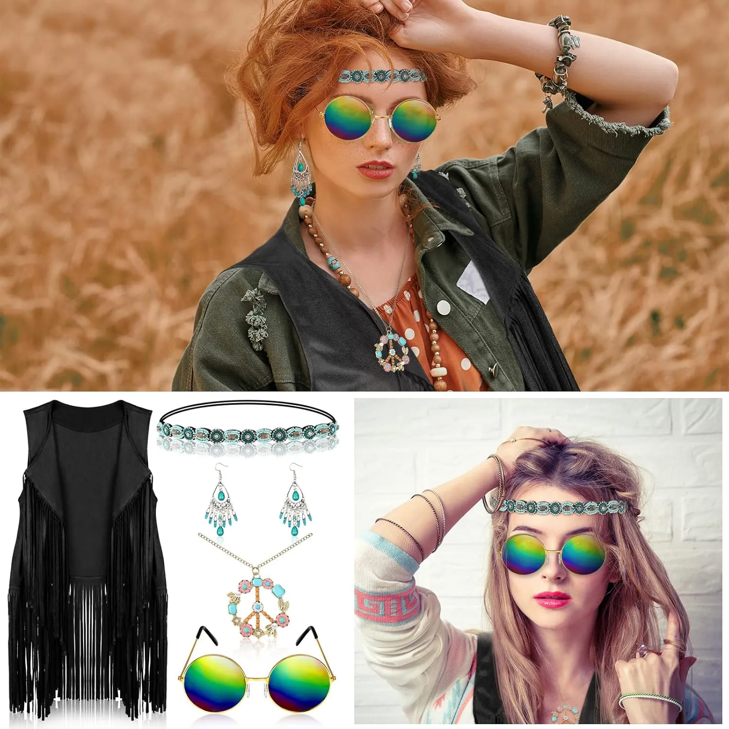 6 Pcs 60s 70s Outfits for Women Hippie Costume Accessories Fringe Vest Sunglasses Necklaces Earring Headband