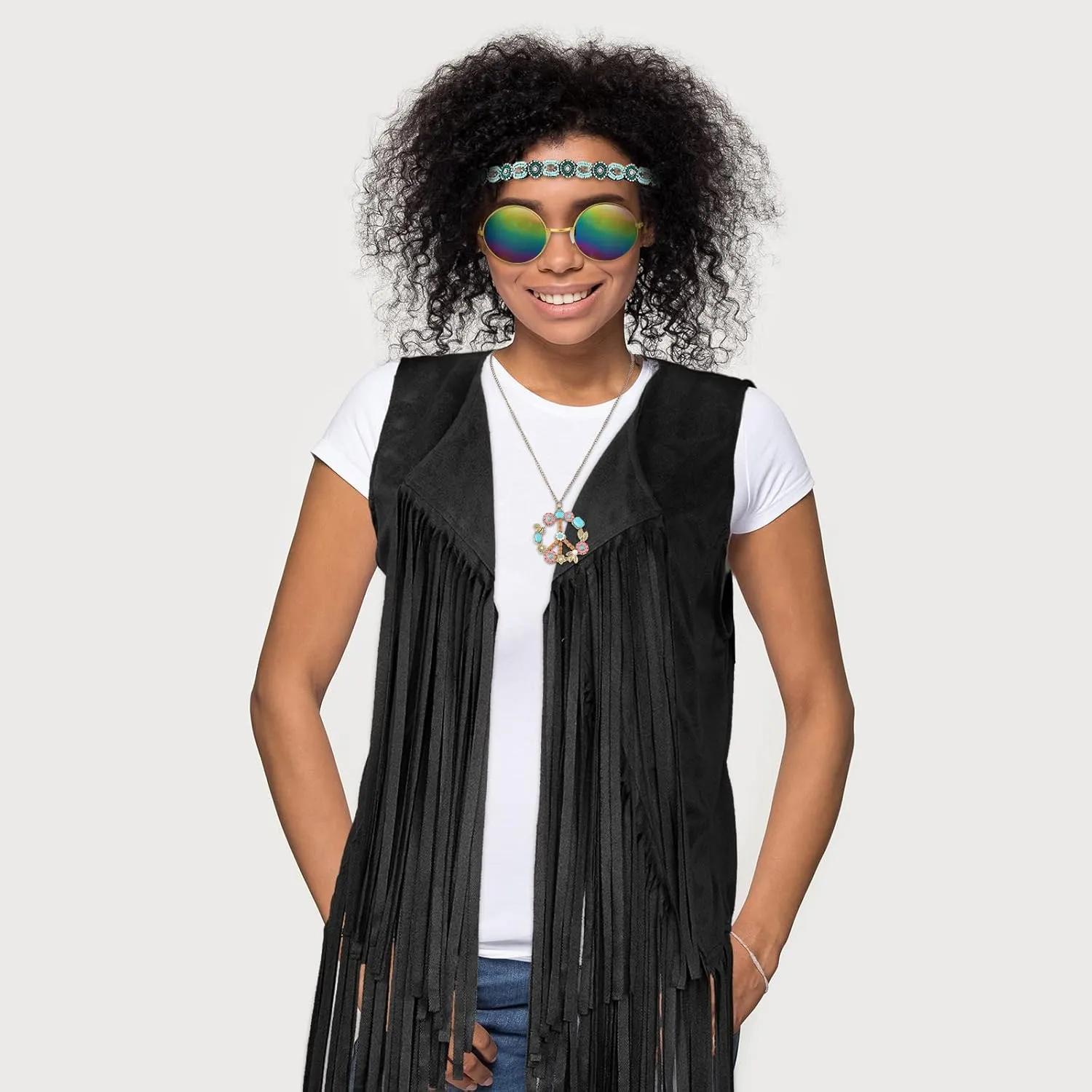 6 Pcs 60s 70s Outfits for Women Hippie Costume Accessories Fringe Vest Sunglasses Necklaces Earring Headband