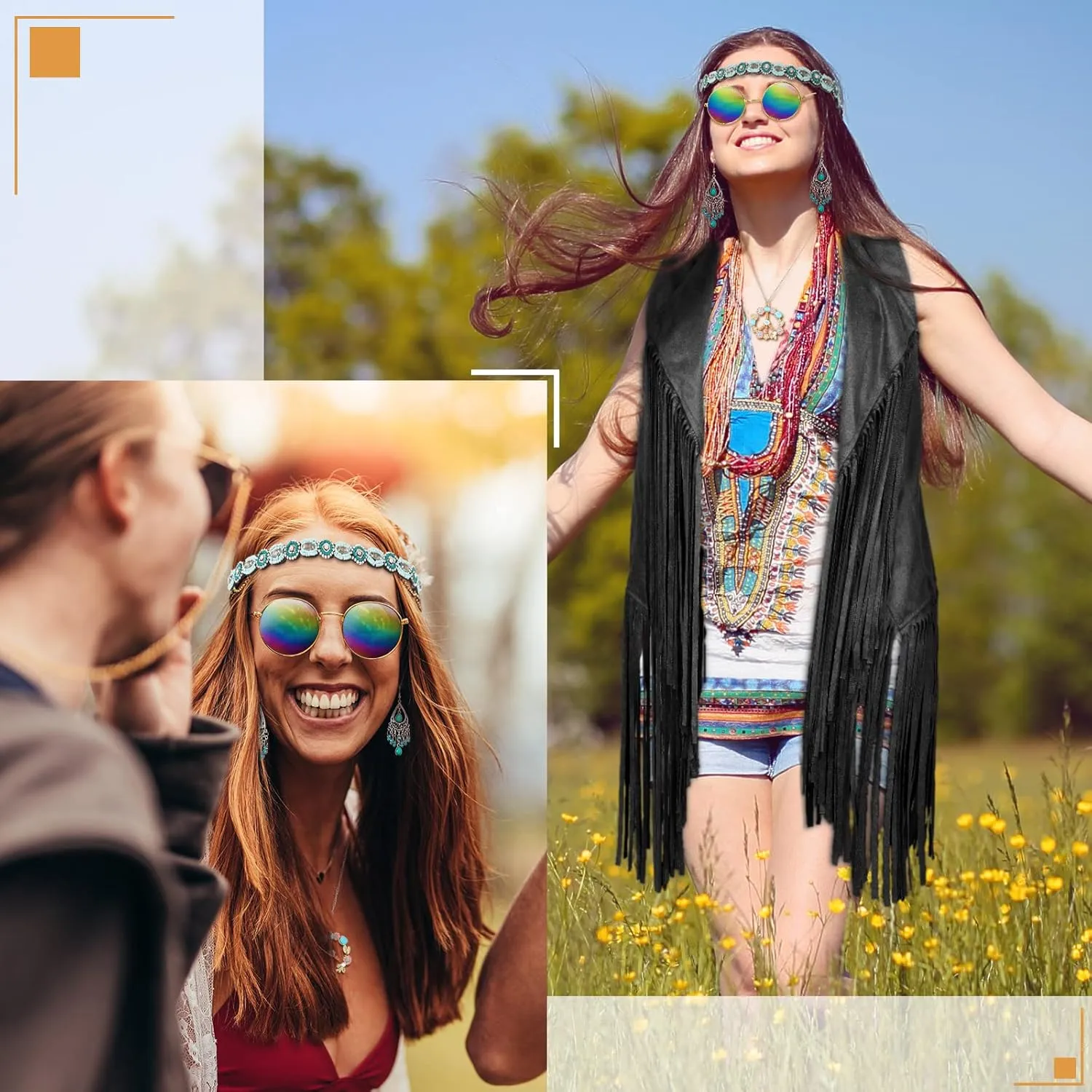 6 Pcs 60s 70s Outfits for Women Hippie Costume Accessories Fringe Vest Sunglasses Necklaces Earring Headband