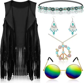 6 Pcs 60s 70s Outfits for Women Hippie Costume Accessories Fringe Vest Sunglasses Necklaces Earring Headband