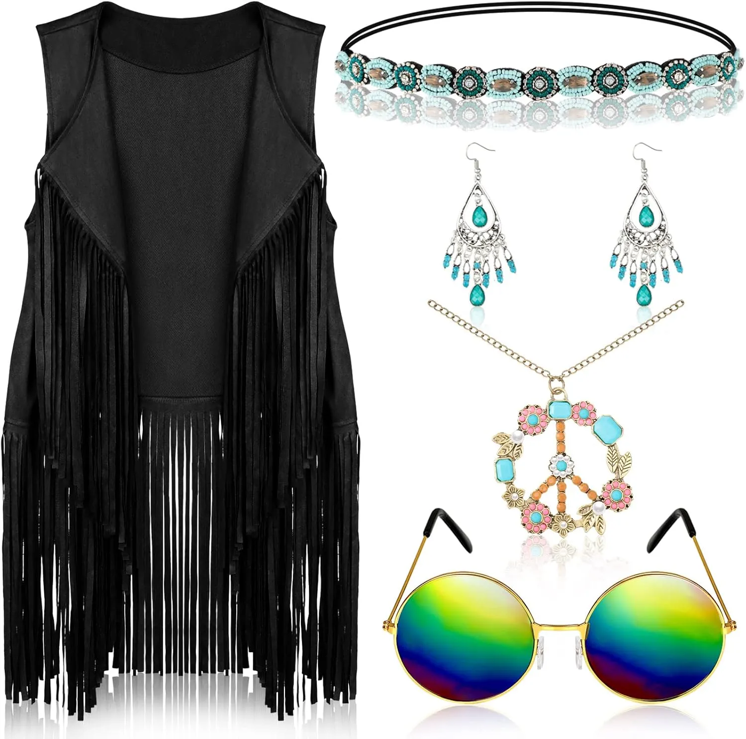 6 Pcs 60s 70s Outfits for Women Hippie Costume Accessories Fringe Vest Sunglasses Necklaces Earring Headband