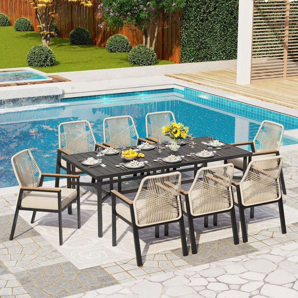 9-Piece Patio Dining Set with Stylish Rattan Rope Chairs and Long Table for 8-Phi Villa