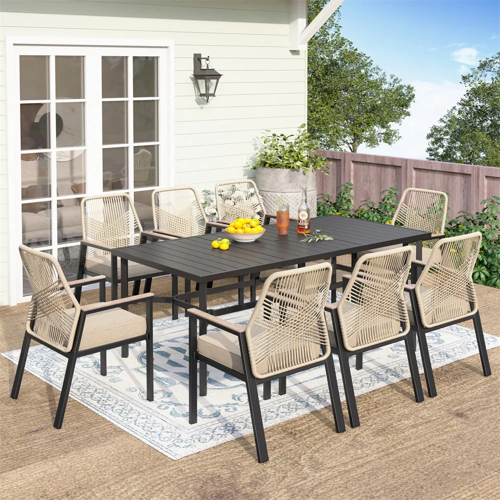 9-Piece Patio Dining Set with Stylish Rattan Rope Chairs and Long Table for 8-Phi Villa