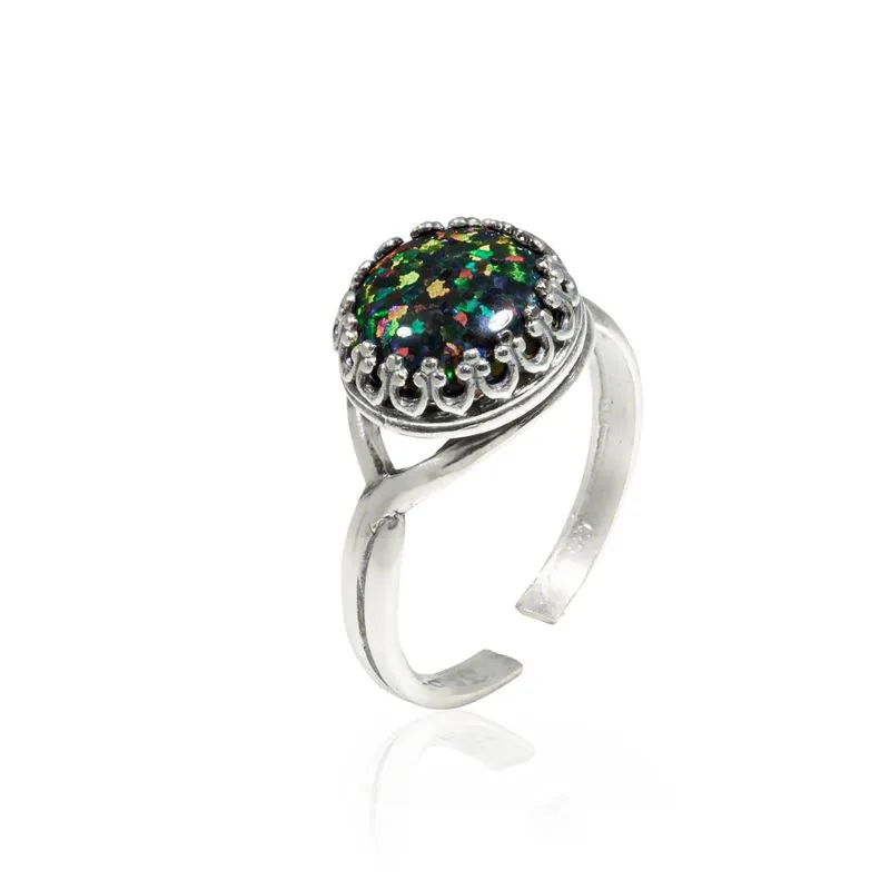 925 Sterling Silver Round Black Opal 10mm Ring