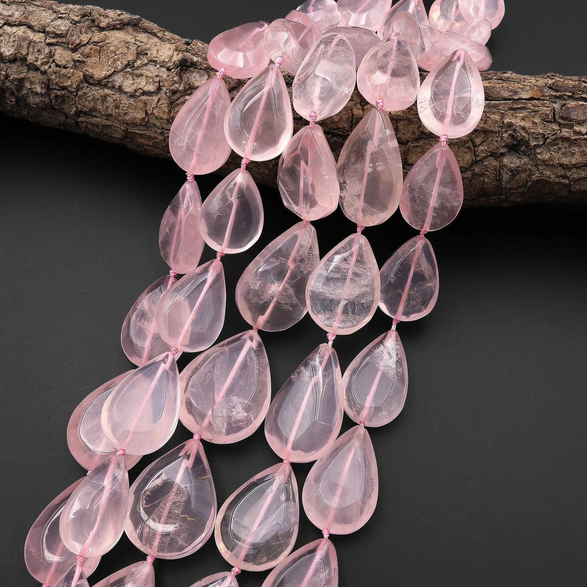 AAA Large Faceted Natural Madagascar Pink Rose Quartz Teardrop Beads Vertically Drilled 15.5" Strand