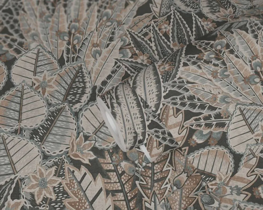 Abstract Leaf Floral Wallpaper in Grey/Black/Brown