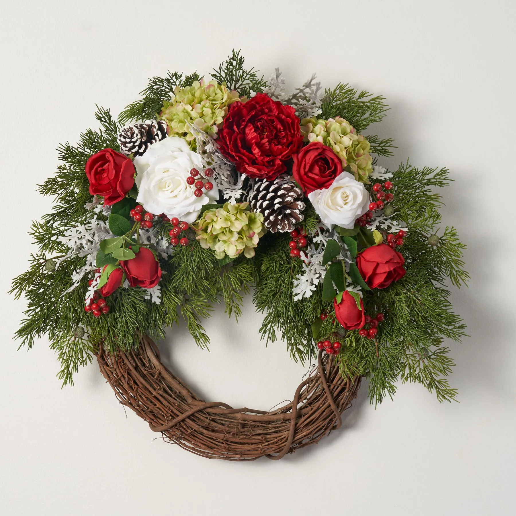 Abundance Red Peony, Green Hydrangea & White Rose Christmas Half Wreath