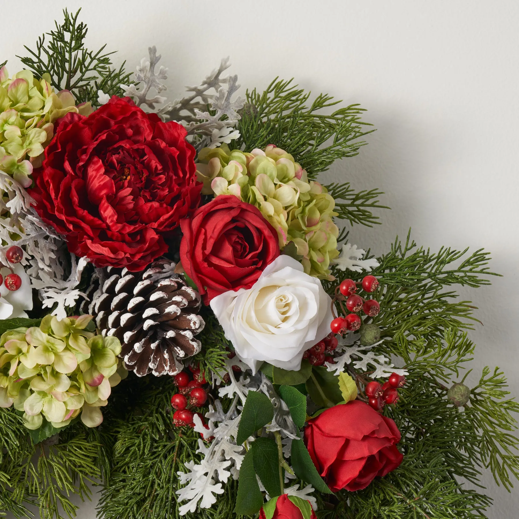 Abundance Red Peony, Green Hydrangea & White Rose Christmas Half Wreath
