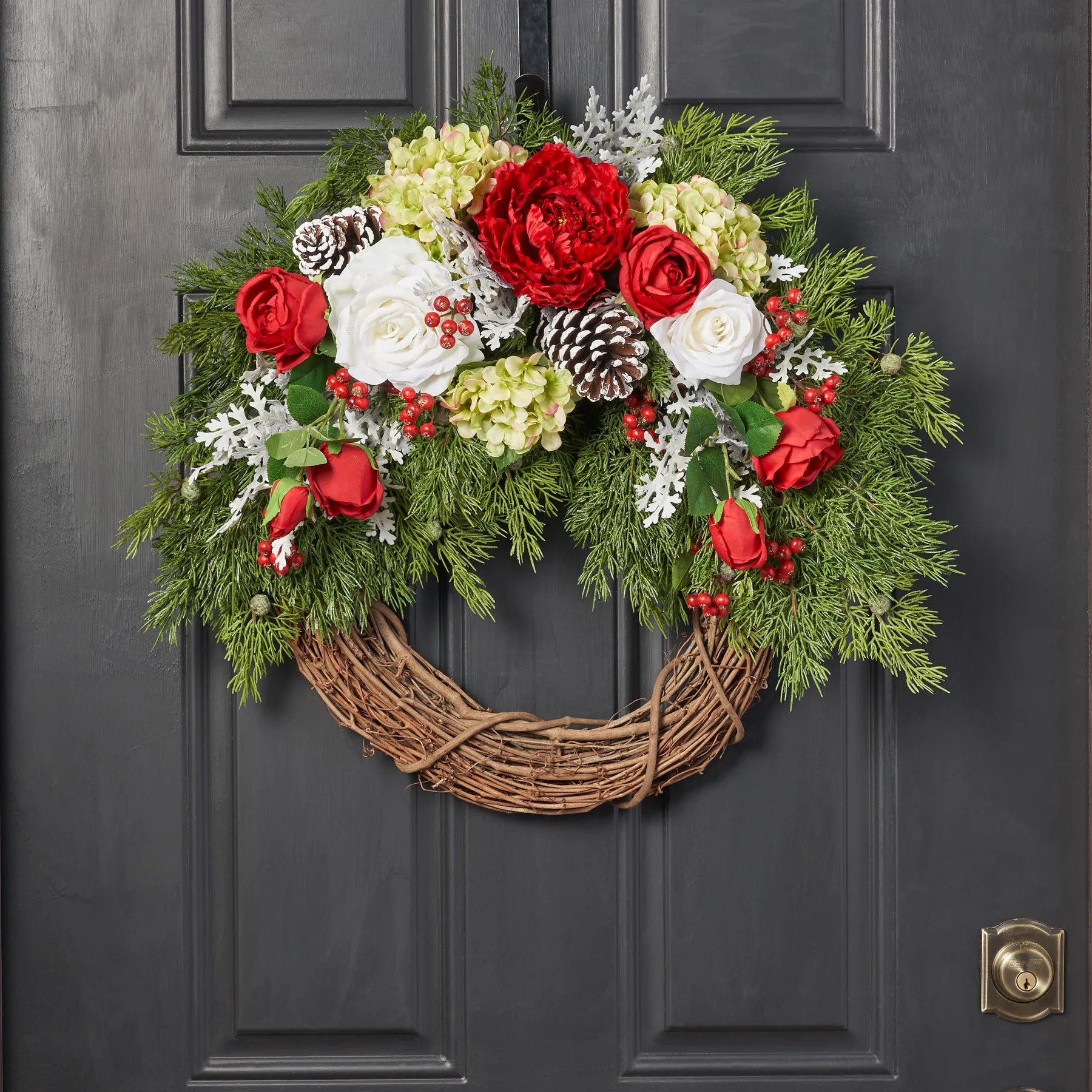Abundance Red Peony, Green Hydrangea & White Rose Christmas Half Wreath