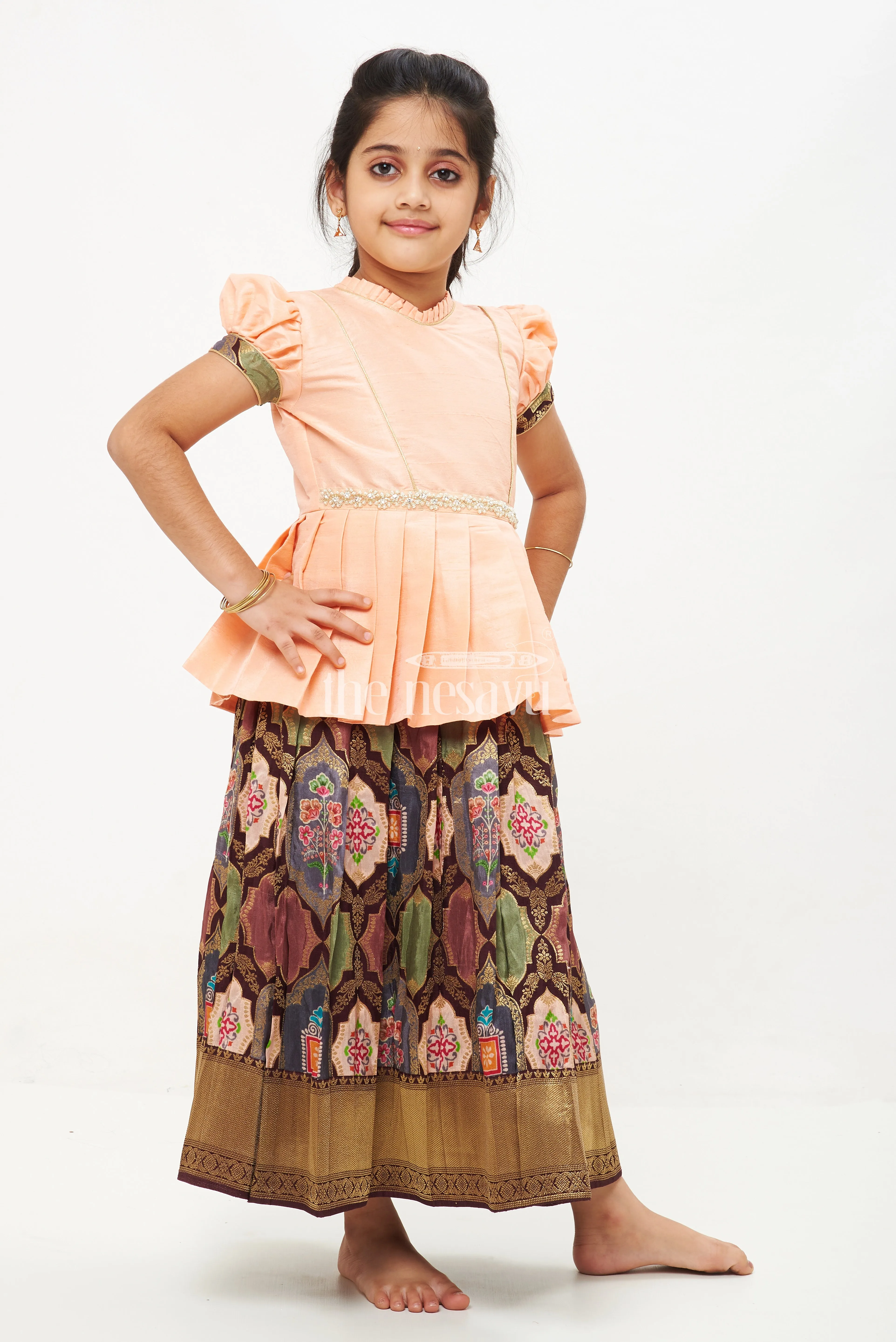 AGJ. Peach and Green Viscose Silk Peplum Top with Placement Print Skirt for Girls