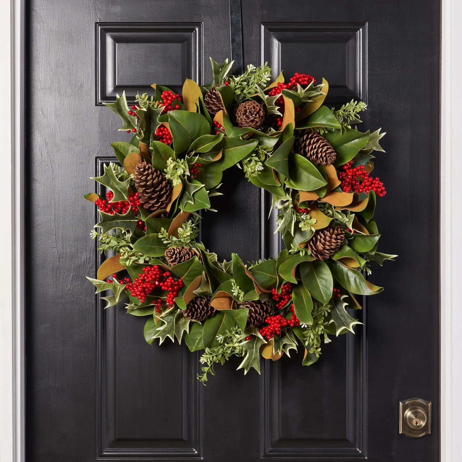 American Holiday - Magnolia, Holly, Red Berry & Pinecone Front Door Christmas Estate Wreath