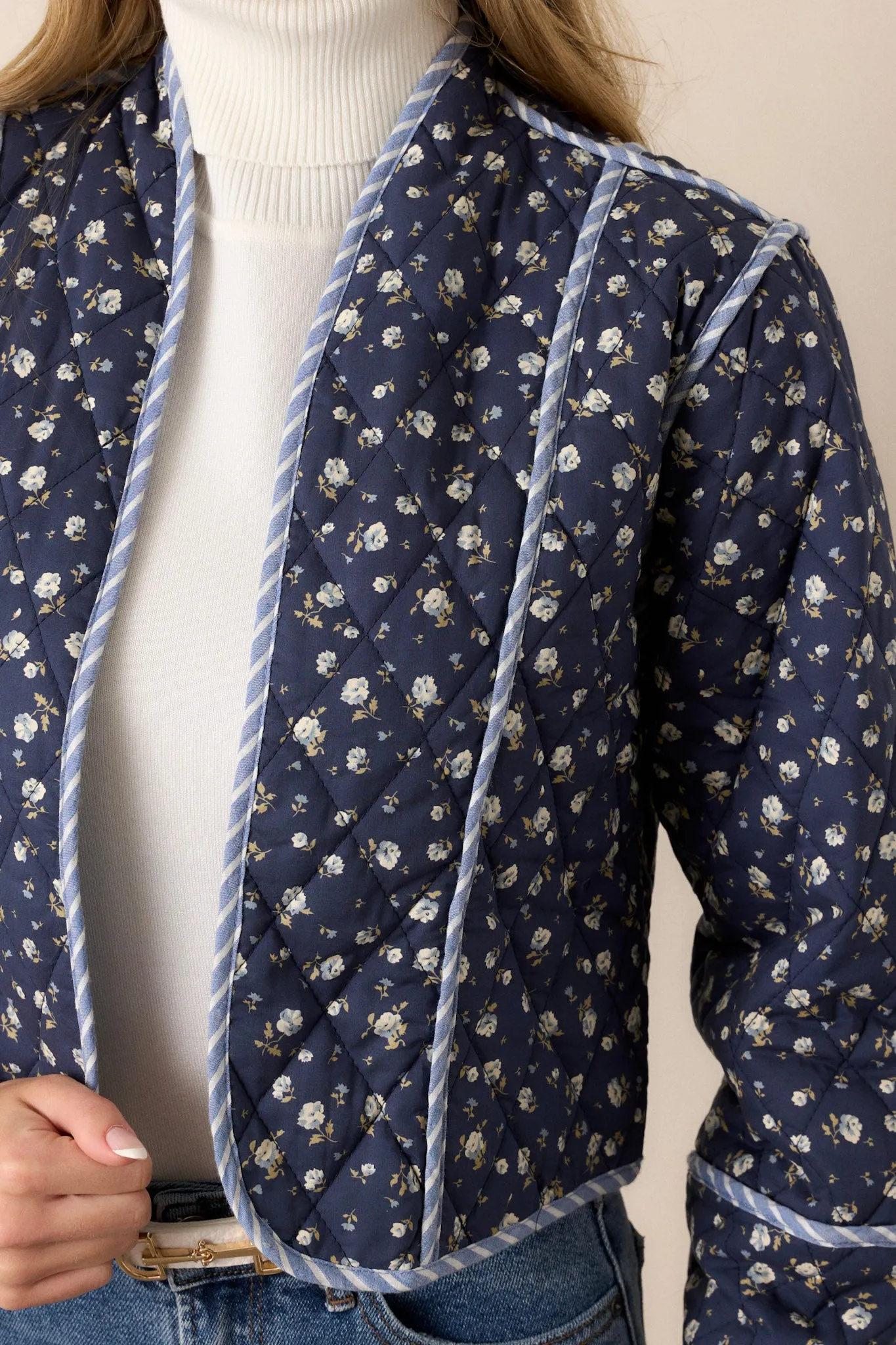 Anywhere But Here 100% Cotton Navy Floral Quilted Jacket