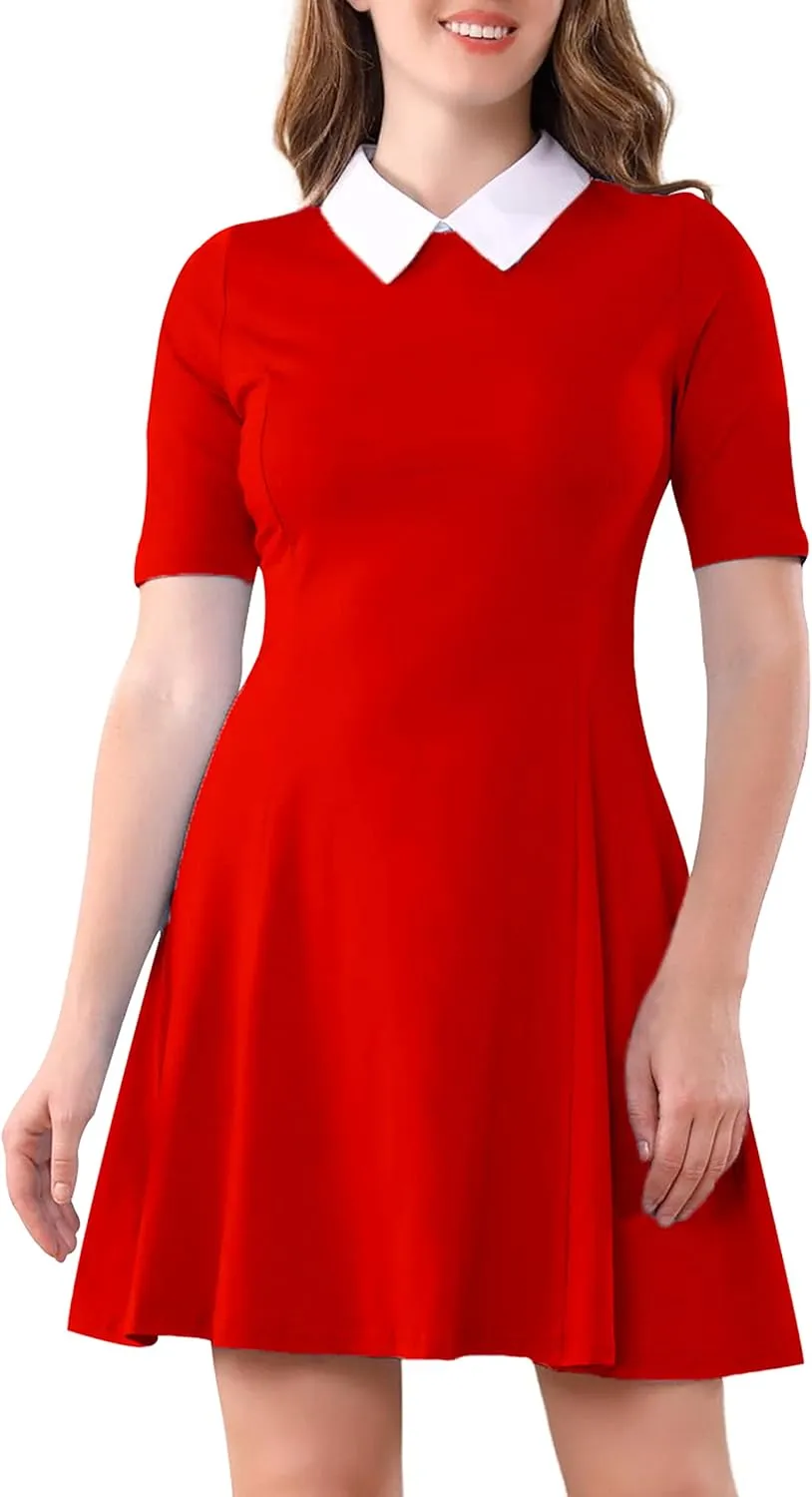 Aphratti Women's Short Sleeve Peter Pan Collar Cute Skater Dress Fit and Flare A-Line Casual Dresses