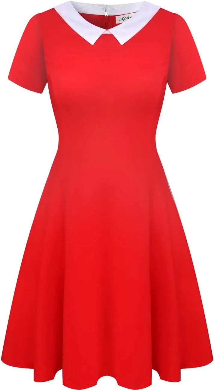 Aphratti Women's Short Sleeve Peter Pan Collar Cute Skater Dress Fit and Flare A-Line Casual Dresses