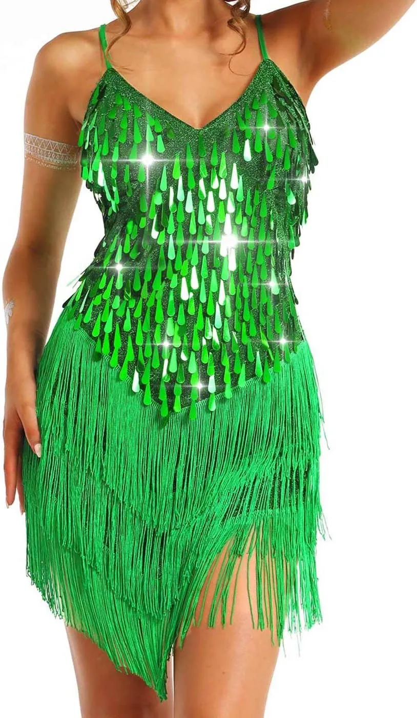 Aukmla Women Sparkly Sequin Fringe Mini Dress Sleeveless Latin Dance Tassel Dresses