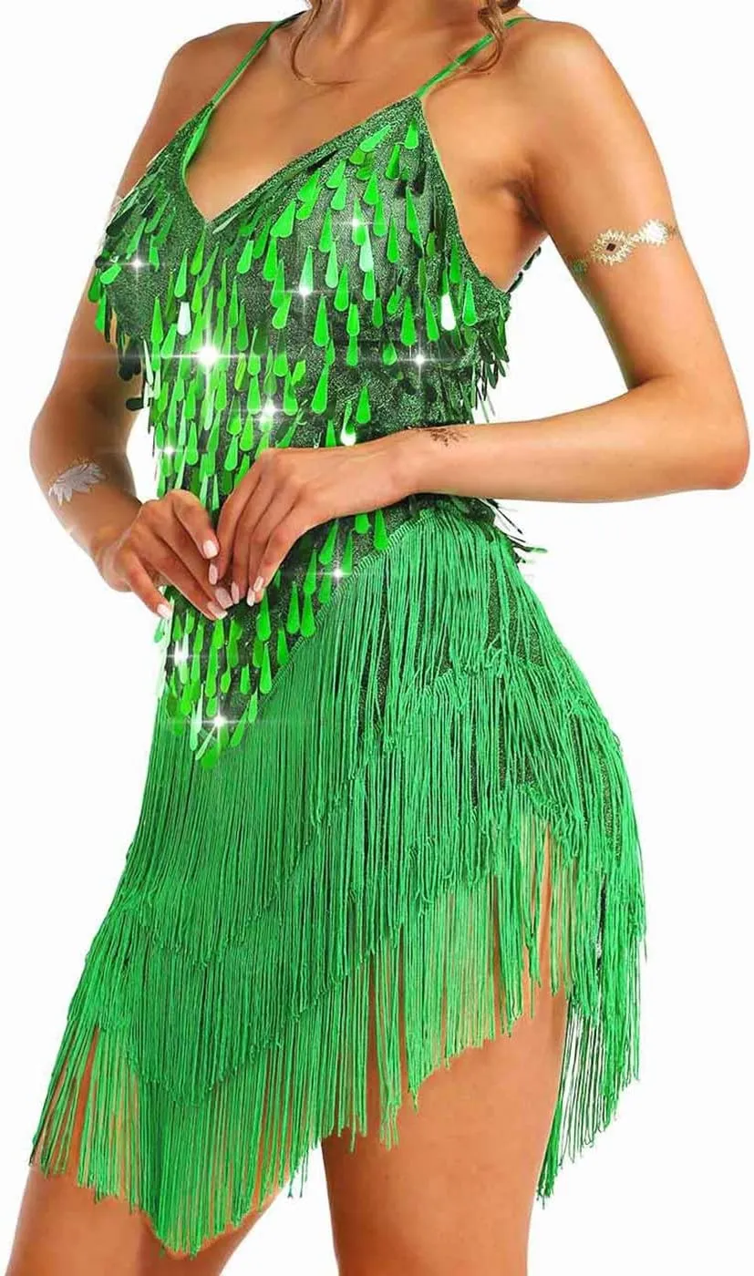 Aukmla Women Sparkly Sequin Fringe Mini Dress Sleeveless Latin Dance Tassel Dresses
