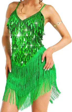 Aukmla Women Sparkly Sequin Fringe Mini Dress Sleeveless Latin Dance Tassel Dresses