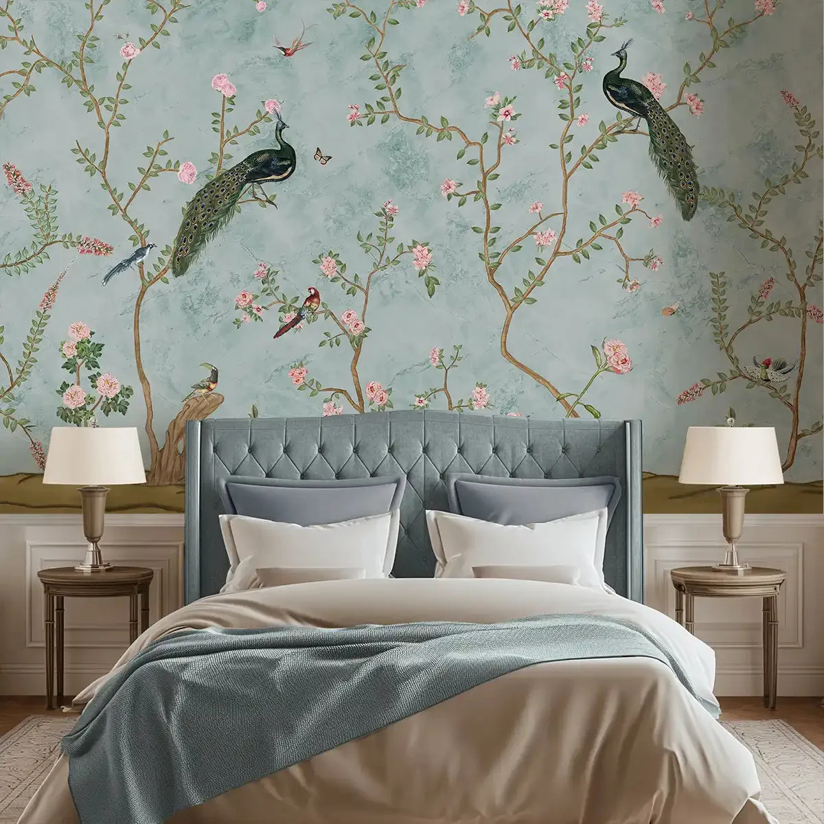 Bagiya, Peacock Chinoiserie Wallpaper in Indian Style, Customised
