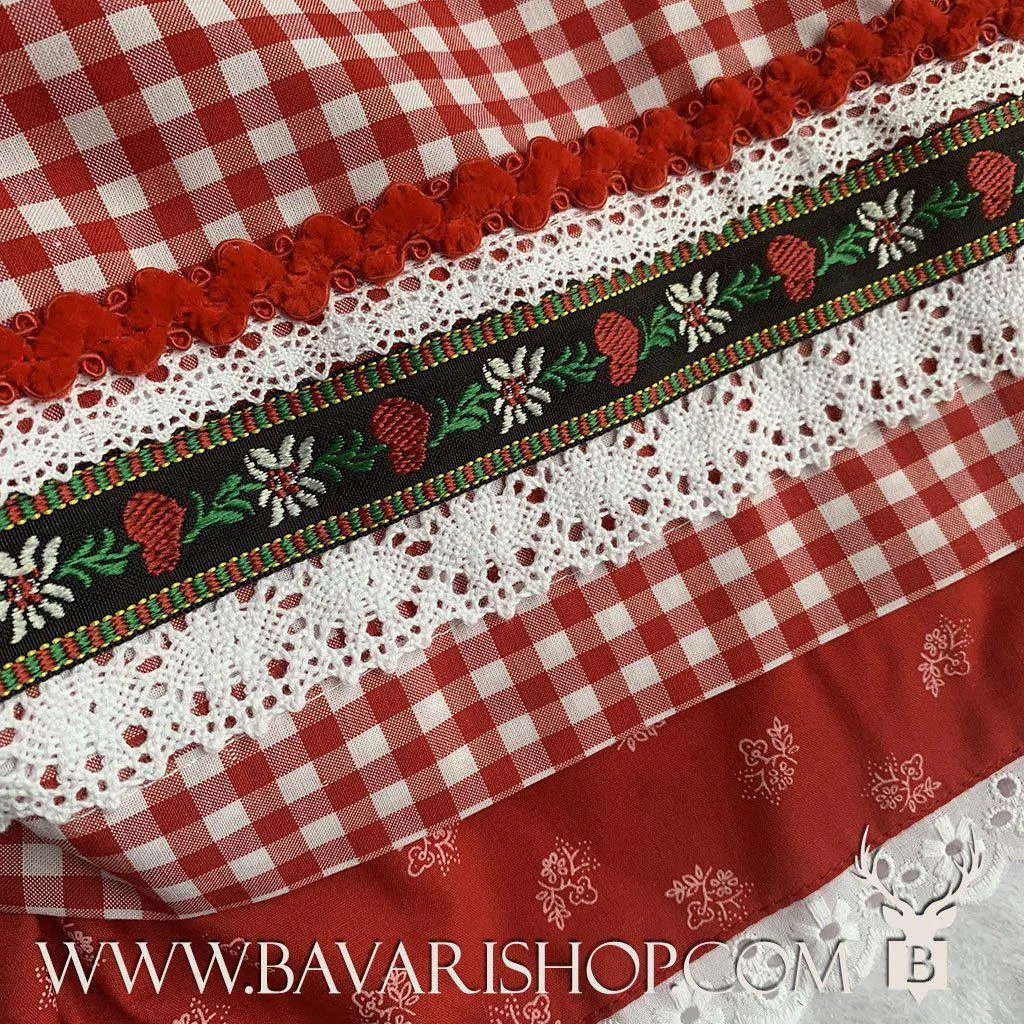 Bavarian Midi Dirndl "Olivia", back zipper, embroidery, 3-piece set - Candy Red & Vichy