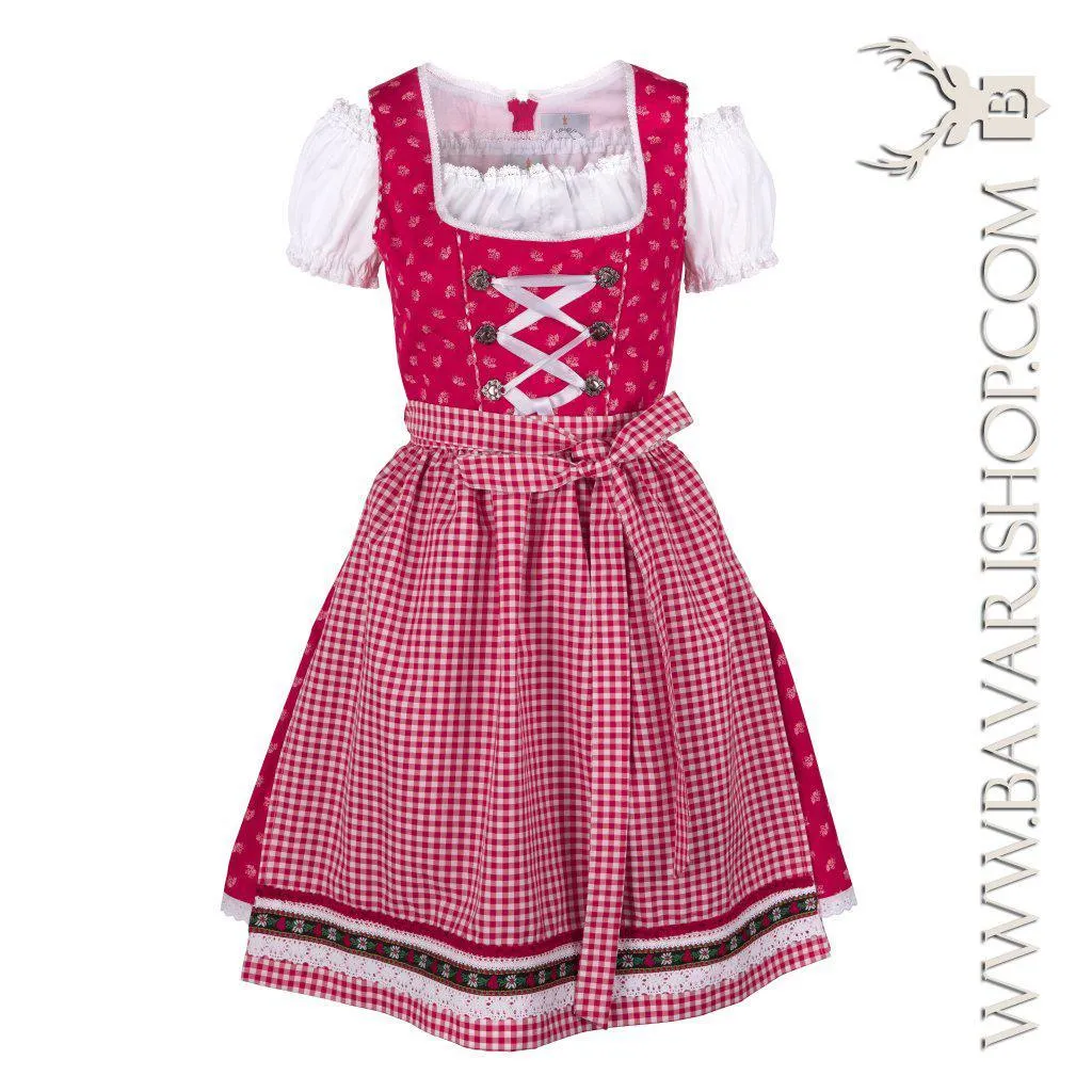 Bavarian Midi Dirndl "Olivia", back zipper, embroidery, 3-piece set - Candy Red & Vichy