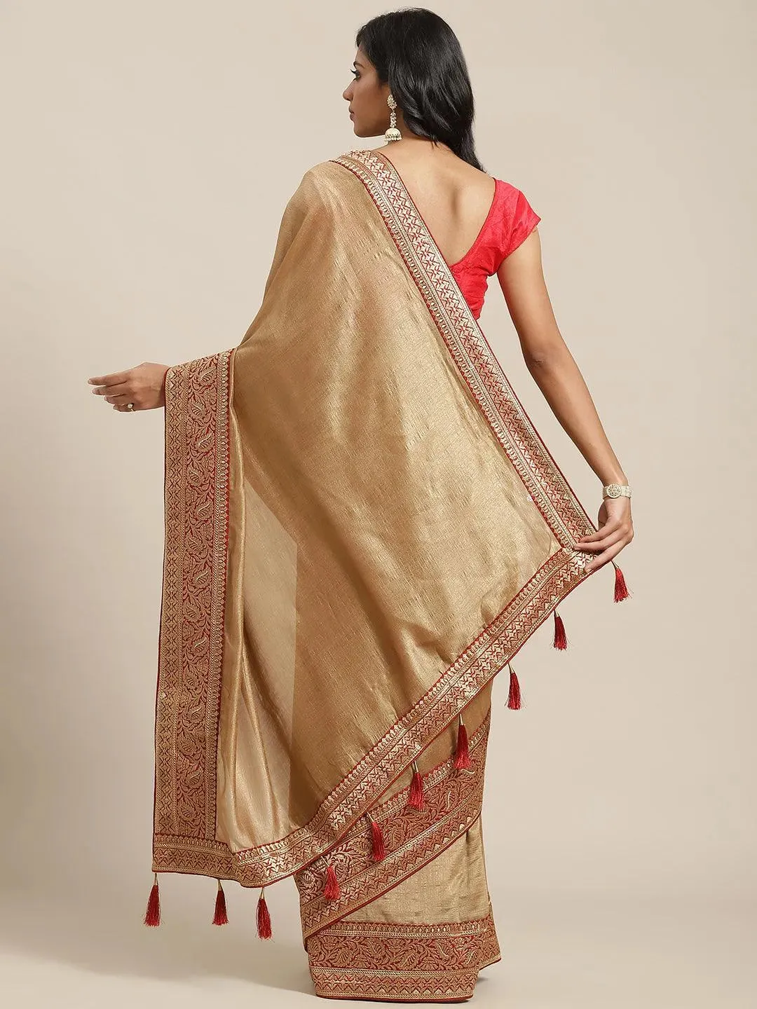 Beige Solid Silk Blend Saree