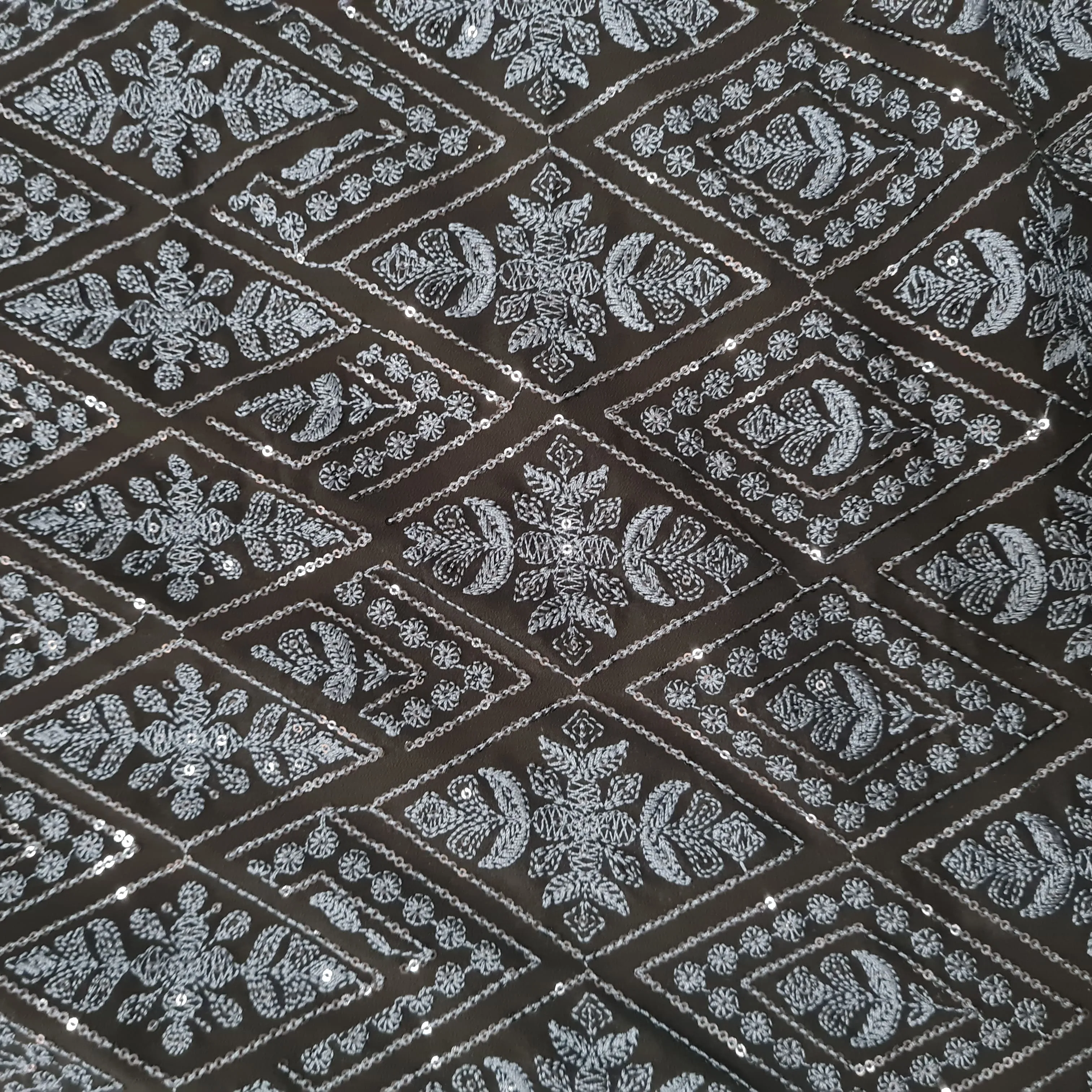Black Geometrical Thread Embroidery Georgette Fabric 17861