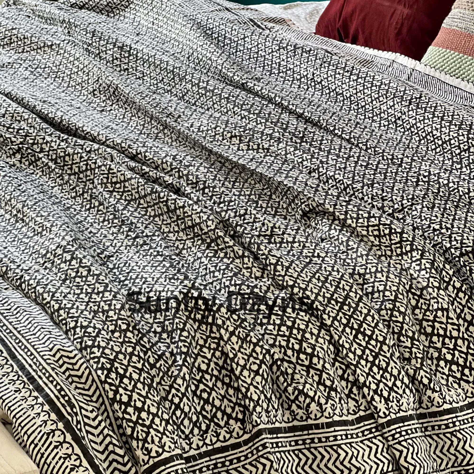 Black Kantha Quilt Throw, Indian Print, Cotton Bedspread, All Sizes, Housewarming Gift