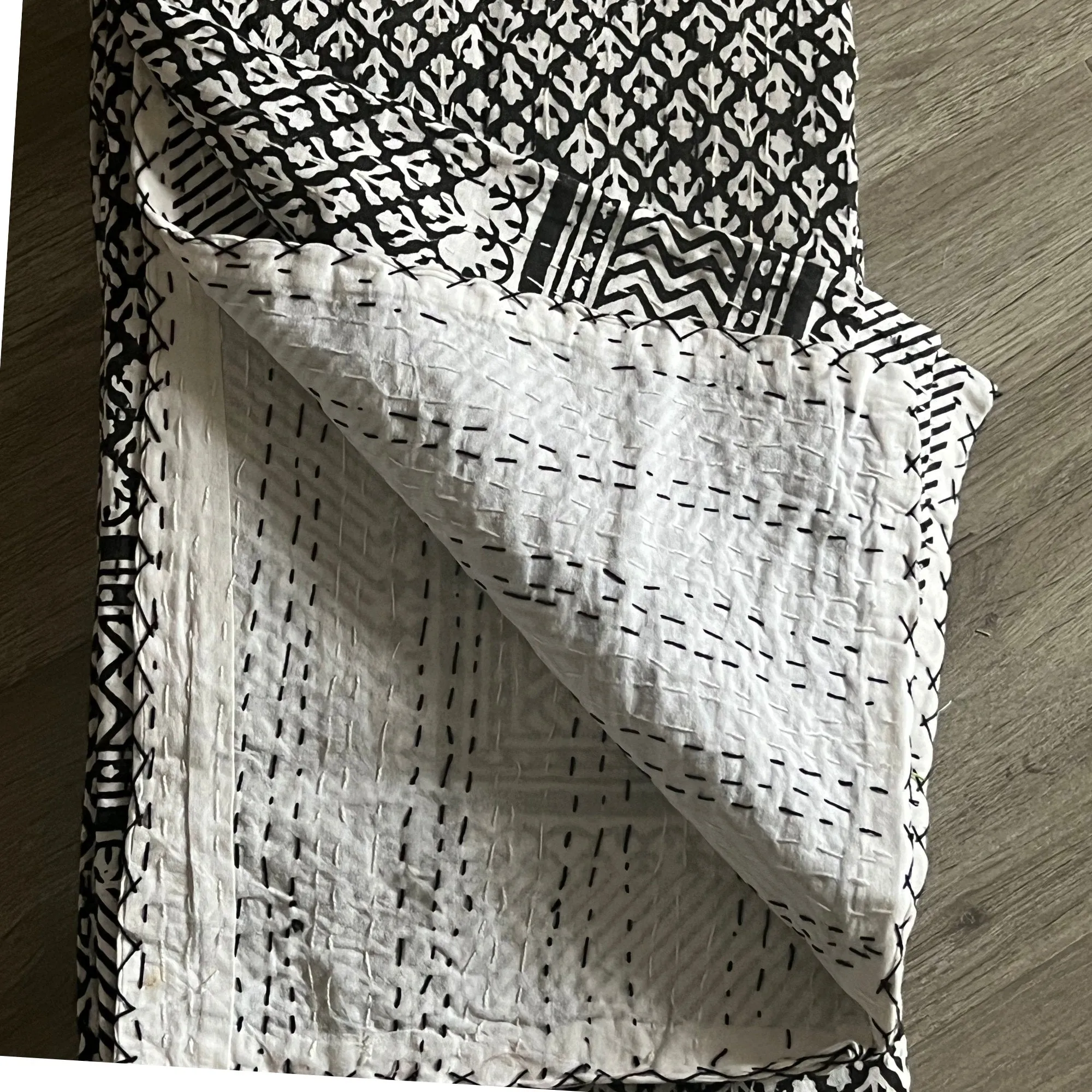 Black Kantha Quilt Throw, Indian Print, Cotton Bedspread, All Sizes, Housewarming Gift