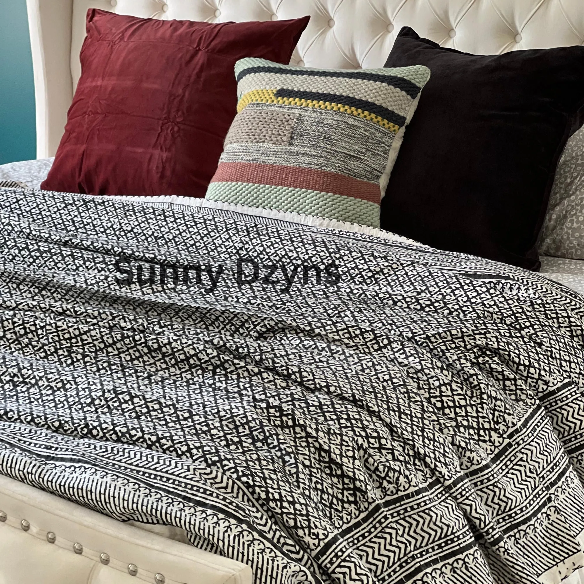 Black Kantha Quilt Throw, Indian Print, Cotton Bedspread, All Sizes, Housewarming Gift
