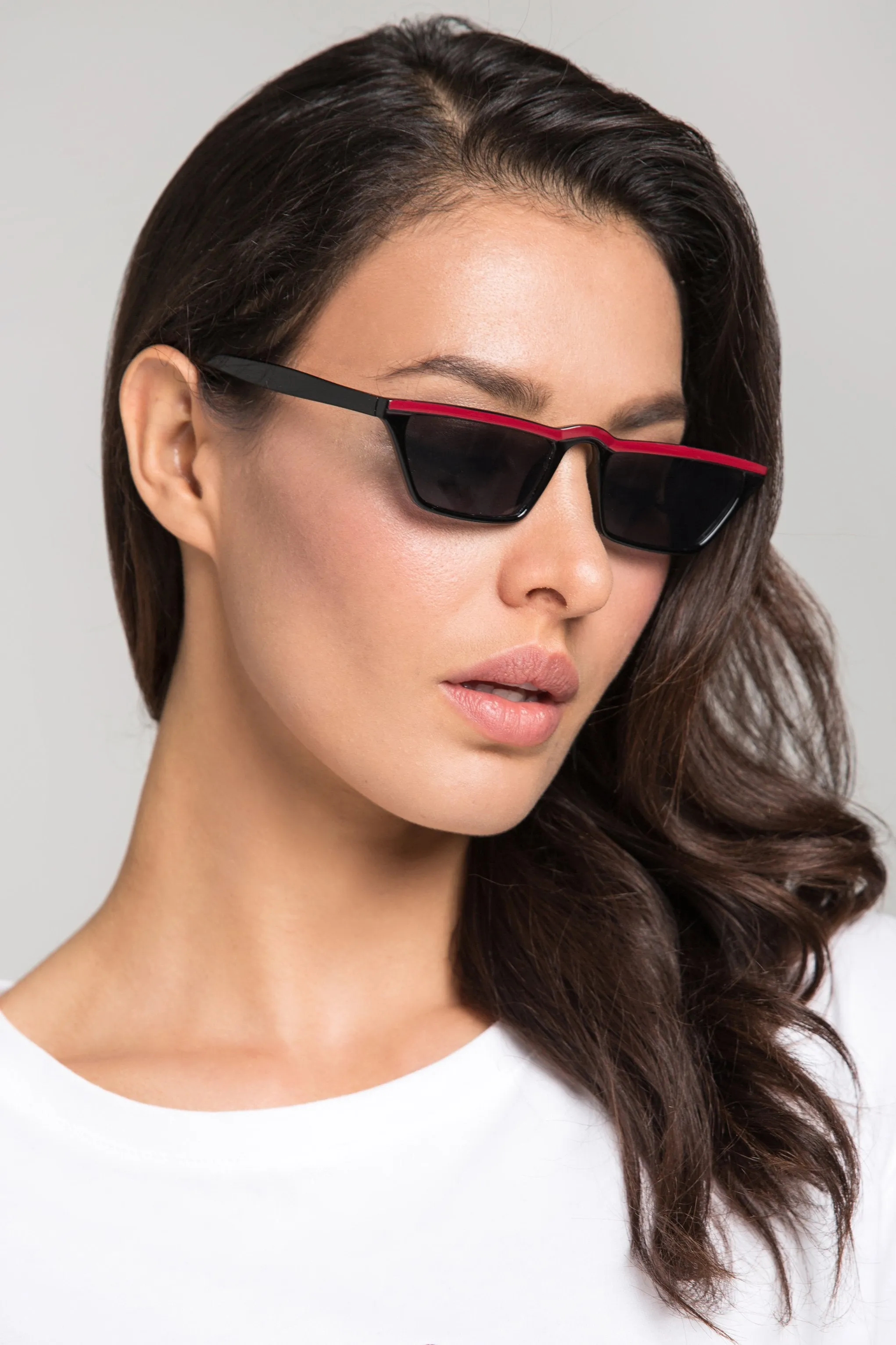 Black Red Top Slim Rectangle Sunglasses
