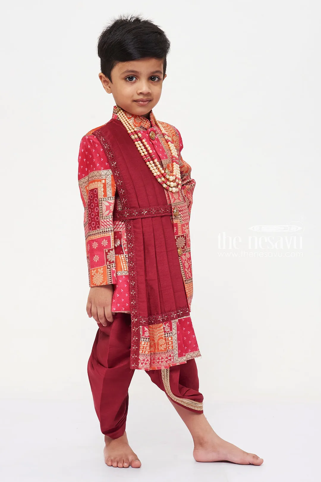 Boys Royal Maroon Sherwani Set with Kurta and Churidar