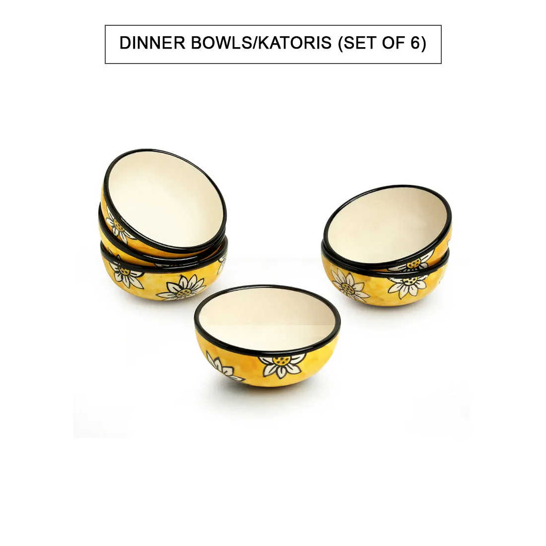 'Californian Sunflowers' Handpainted Ceramic Dinner Bowls/Katoris (Set of 6, 180 ML)