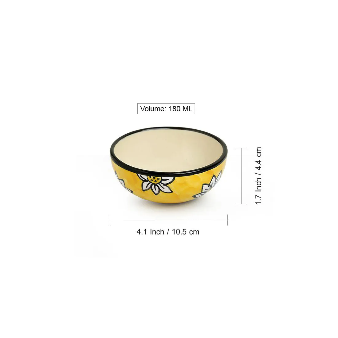 'Californian Sunflowers' Handpainted Ceramic Dinner Bowls/Katoris (Set of 6, 180 ML)
