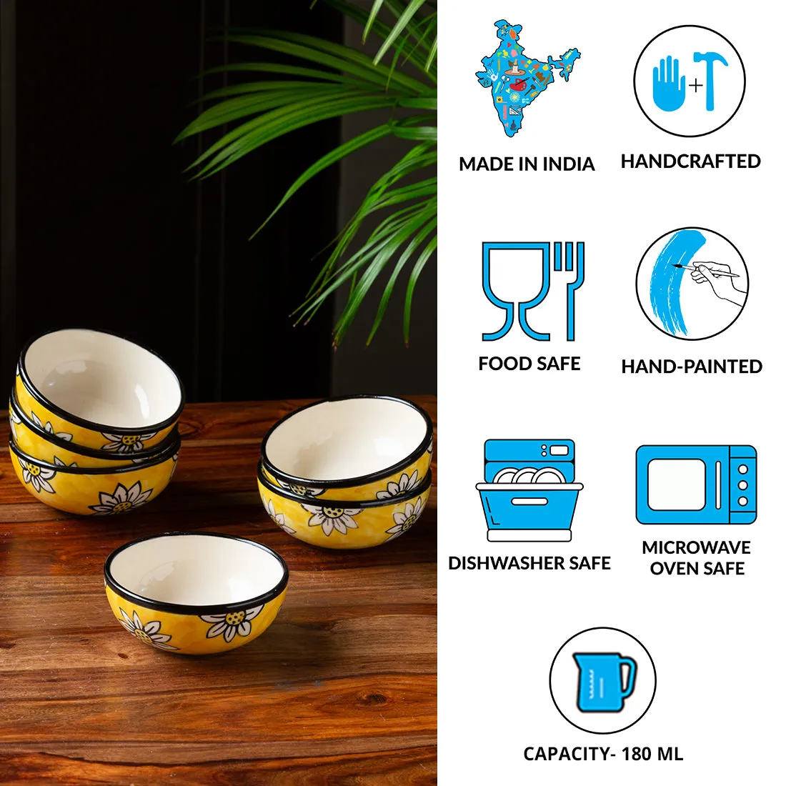 'Californian Sunflowers' Handpainted Ceramic Dinner Bowls/Katoris (Set of 6, 180 ML)