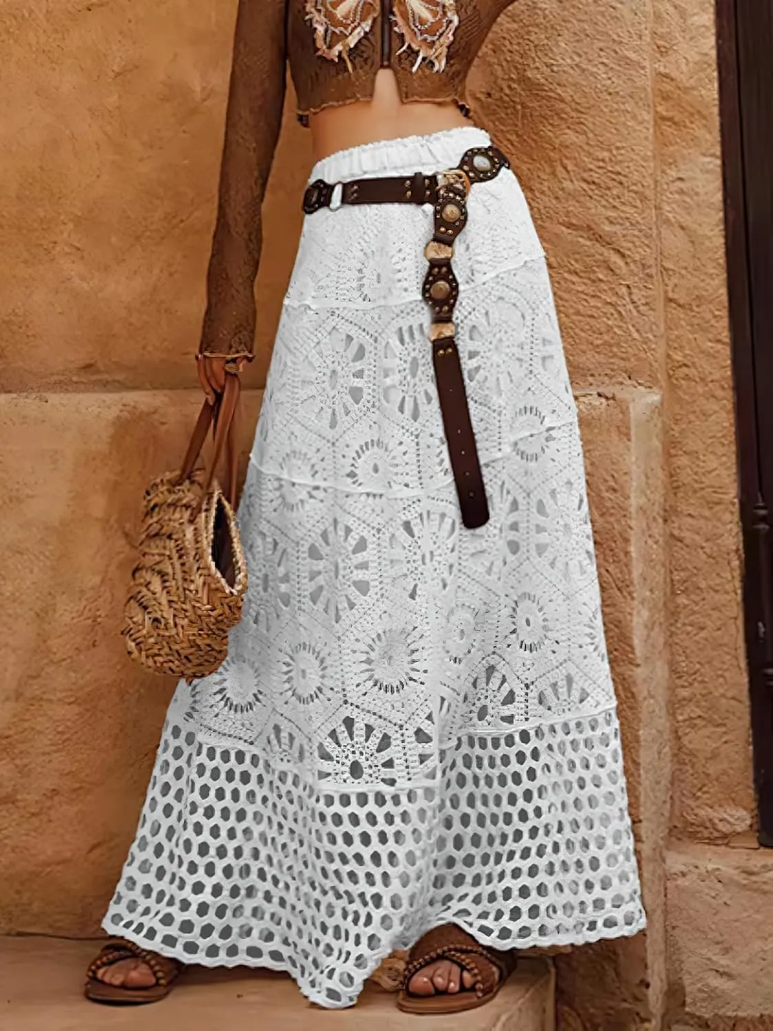 chouyatou Women's Boho Floral Embroidered Knit Skirt Lace Crochet Eyelet Elastic Waist Flared Maxi Skirt