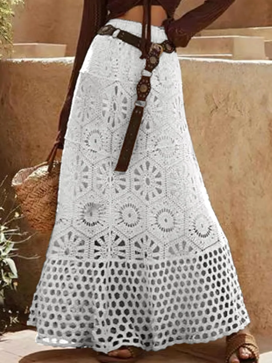 chouyatou Women's Boho Floral Embroidered Knit Skirt Lace Crochet Eyelet Elastic Waist Flared Maxi Skirt