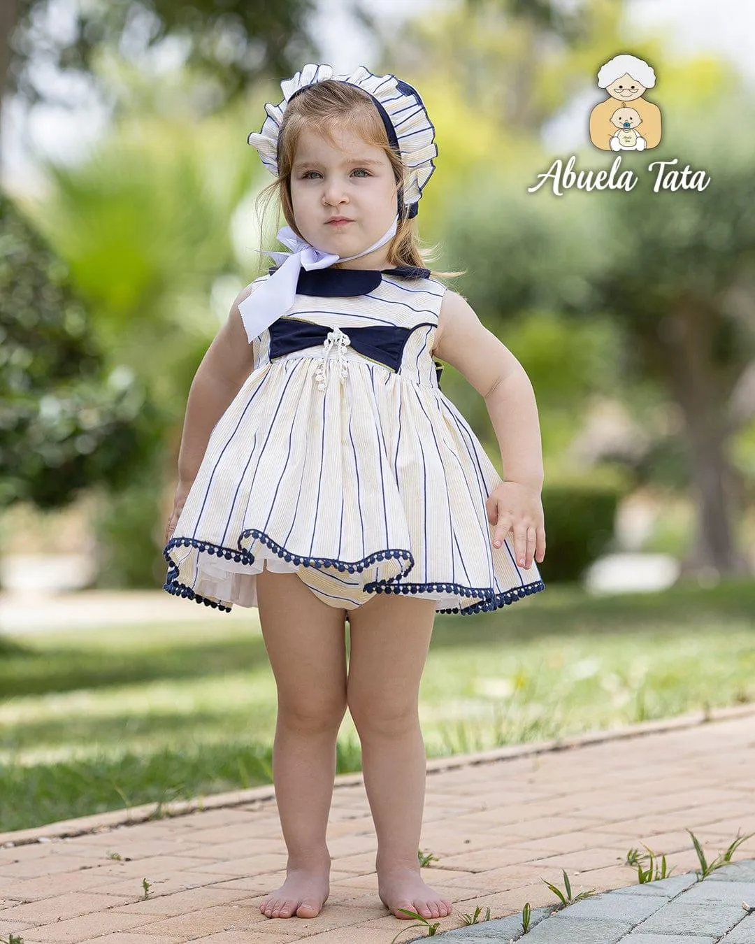 CLEARANCE SALE Abuela Tata - Baby Girls Lemon & Navy Dress, Knickers & Bonnet