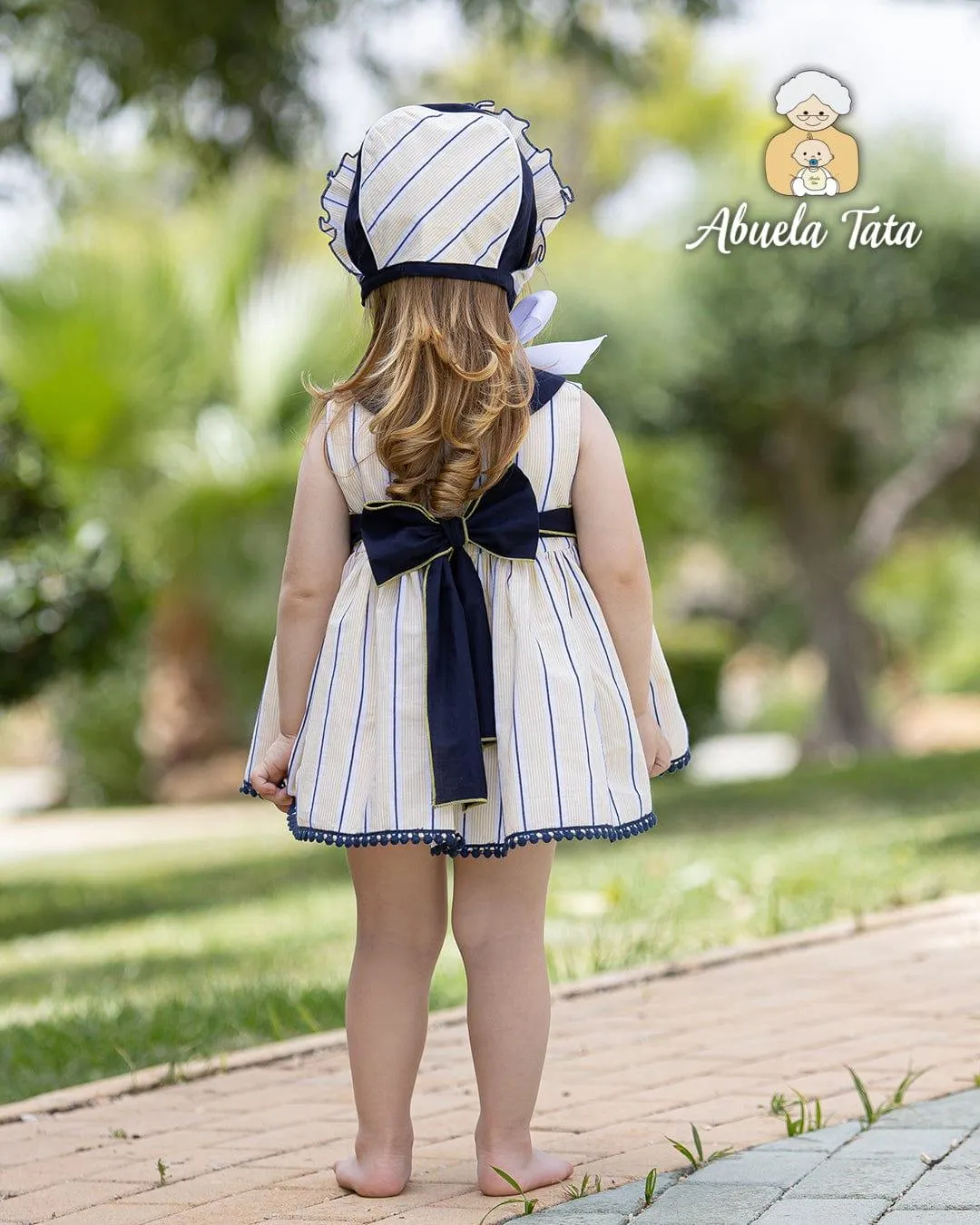 CLEARANCE SALE Abuela Tata - Baby Girls Lemon & Navy Dress, Knickers & Bonnet