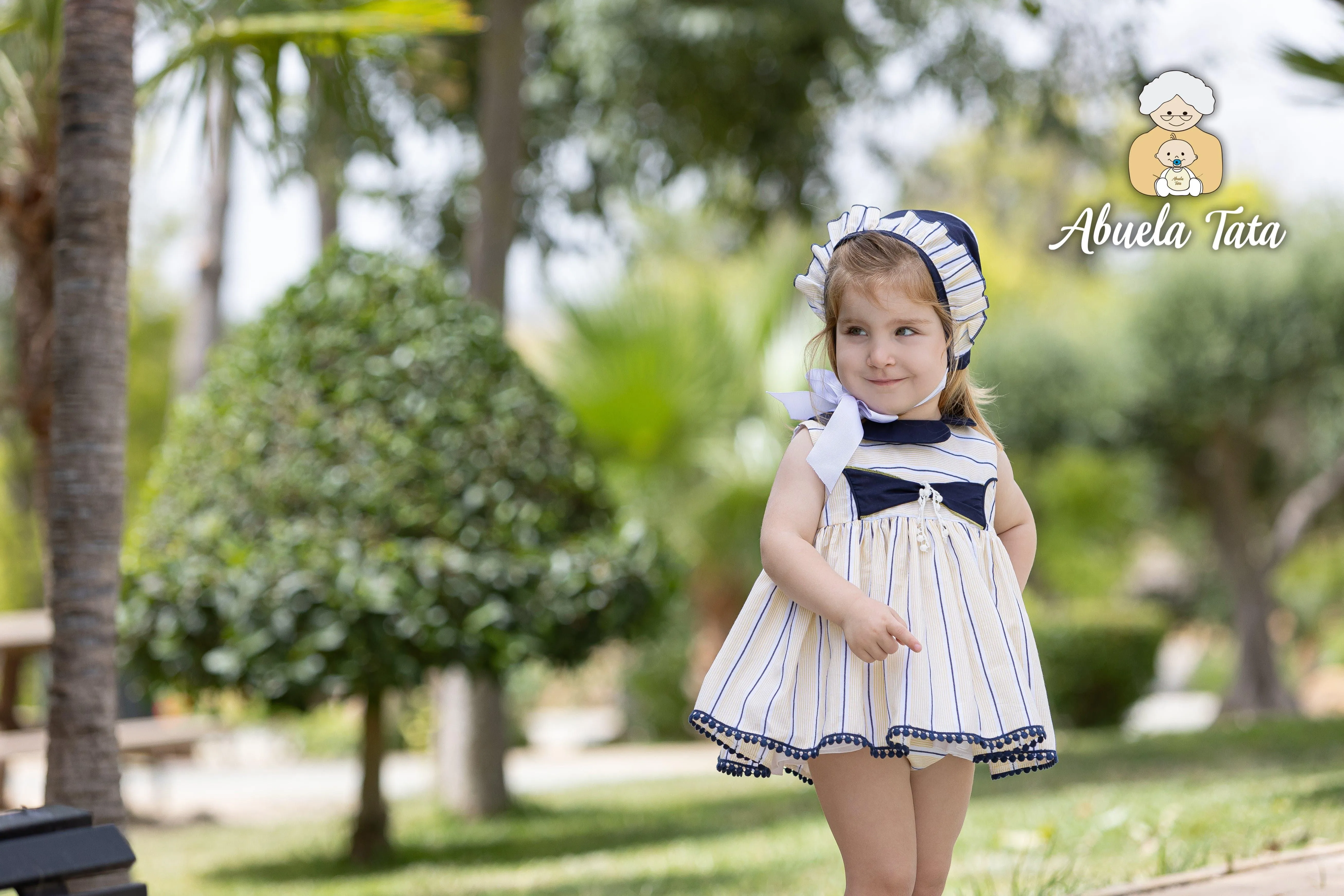 CLEARANCE SALE Abuela Tata - Baby Girls Lemon & Navy Dress, Knickers & Bonnet