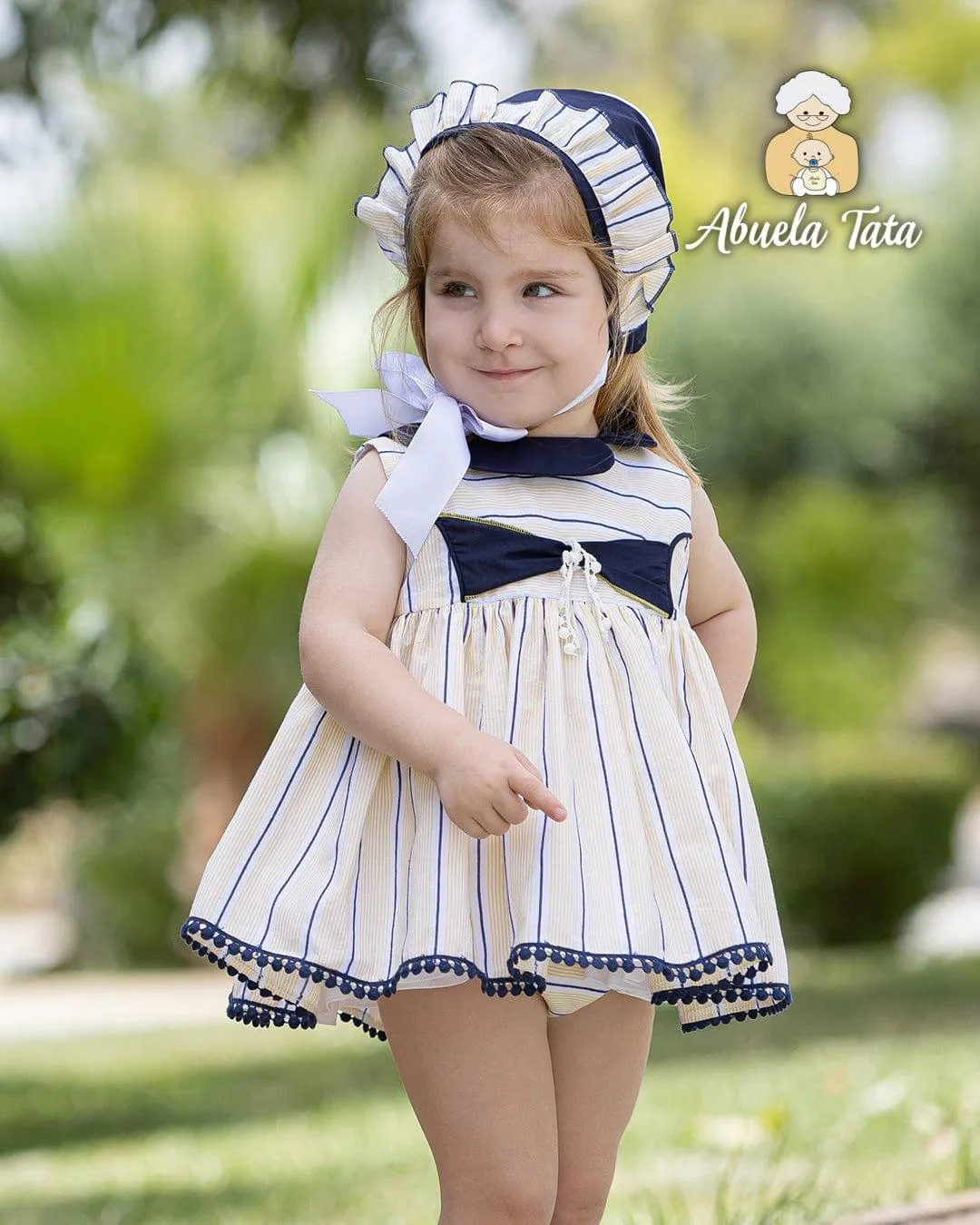 CLEARANCE SALE Abuela Tata - Baby Girls Lemon & Navy Dress, Knickers & Bonnet