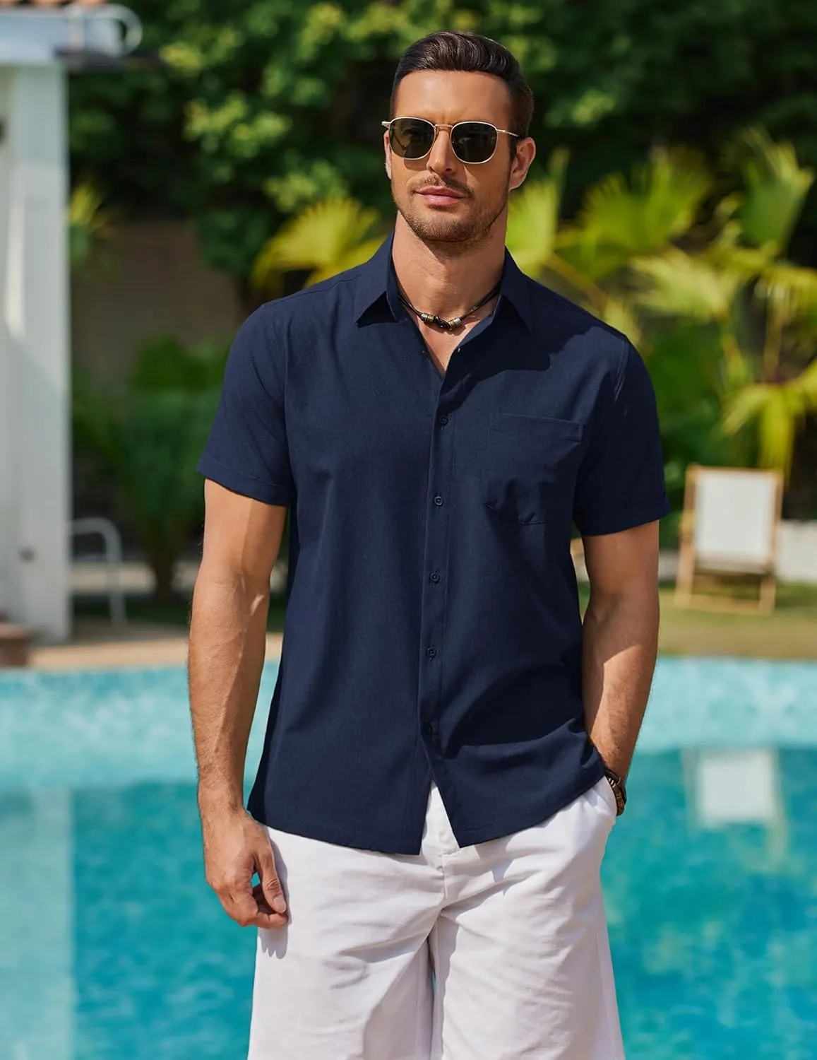 COOFANDY Mens Cool Button Down Shirt Short Sleeve Summer Beach Shirts Linen Texture Casual Shirts with Pocket