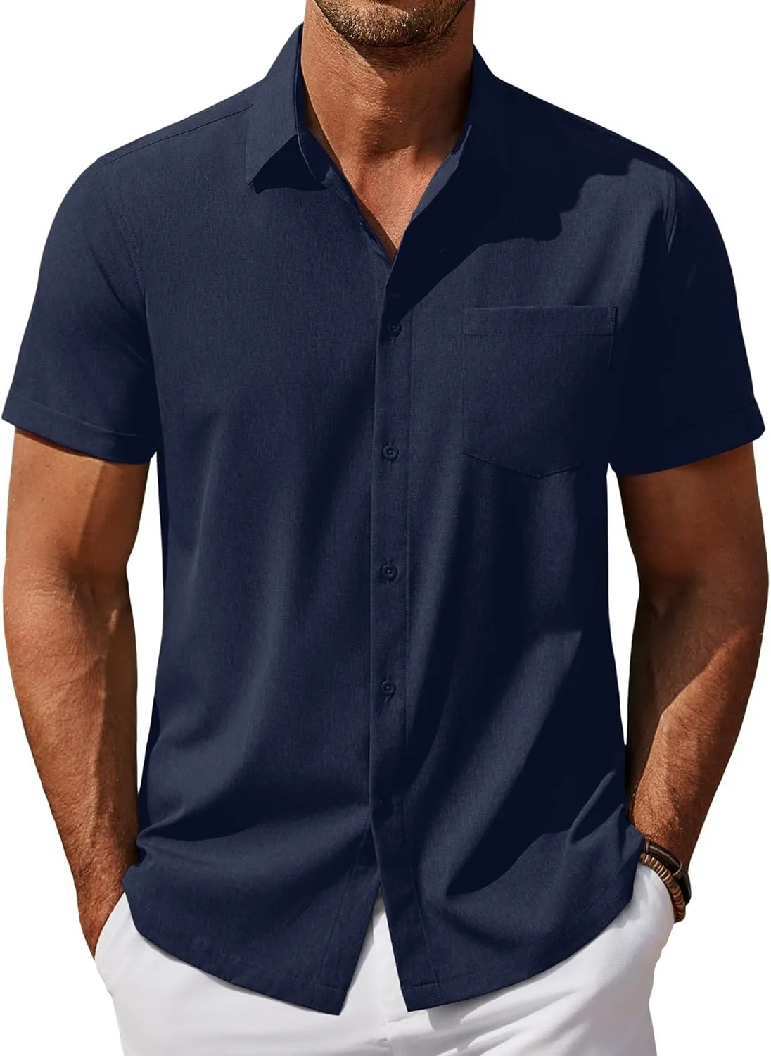 COOFANDY Mens Cool Button Down Shirt Short Sleeve Summer Beach Shirts Linen Texture Casual Shirts with Pocket