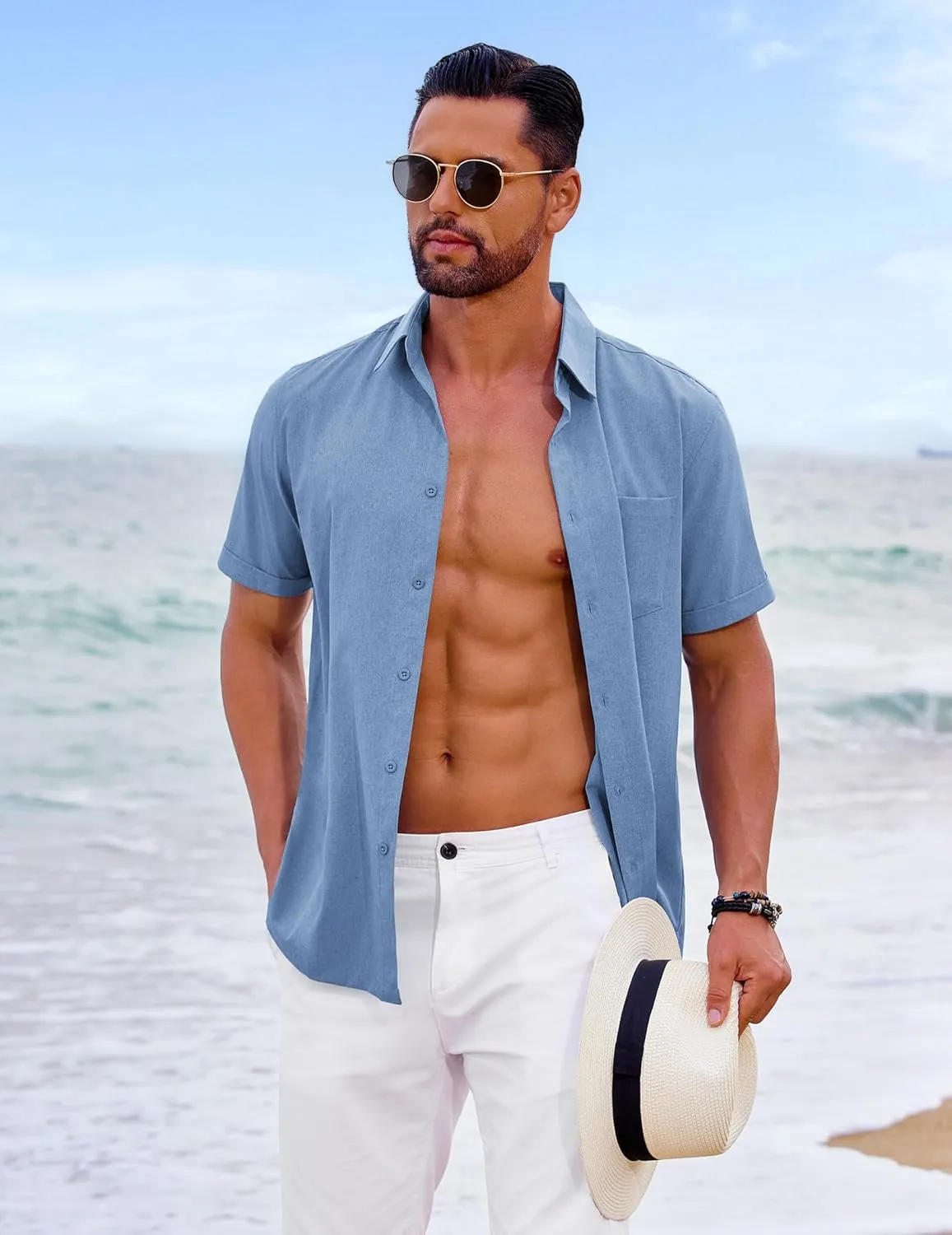 COOFANDY Mens Cool Button Down Shirt Short Sleeve Summer Beach Shirts Linen Texture Casual Shirts with Pocket