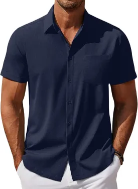 COOFANDY Mens Cool Button Down Shirt Short Sleeve Summer Beach Shirts Linen Texture Casual Shirts with Pocket