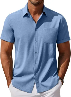 COOFANDY Mens Cool Button Down Shirt Short Sleeve Summer Beach Shirts Linen Texture Casual Shirts with Pocket