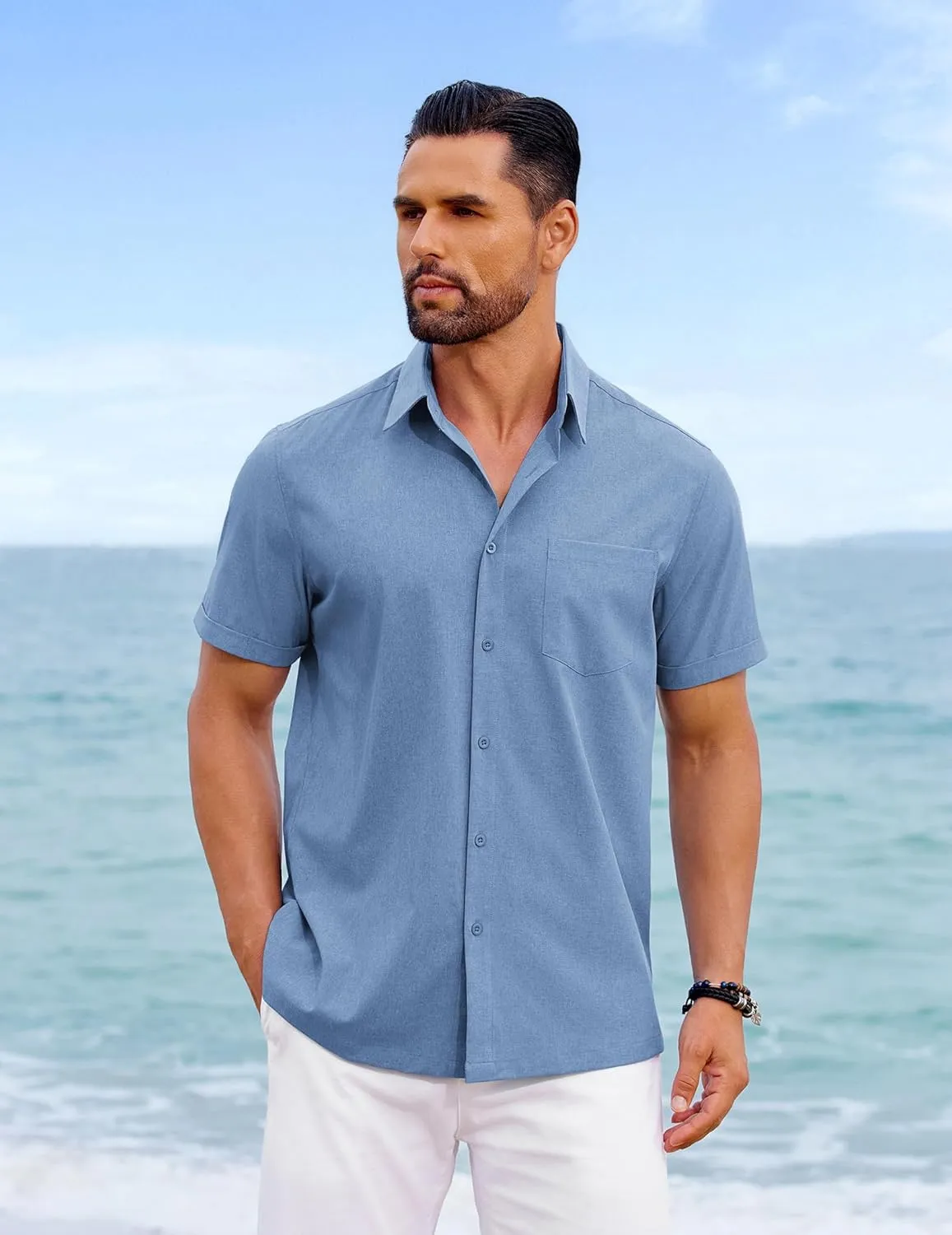 COOFANDY Mens Cool Button Down Shirt Short Sleeve Summer Beach Shirts Linen Texture Casual Shirts with Pocket
